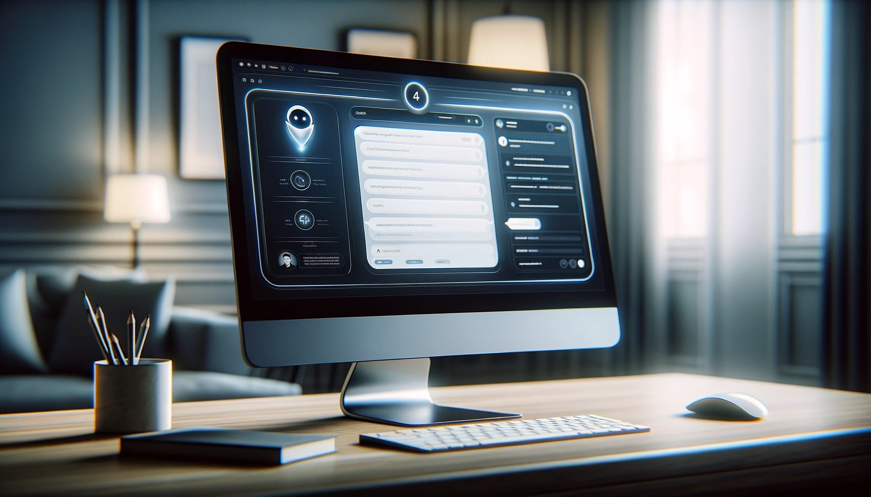 DALL·E 2024 04 08 12.22.31 A close up view of a single computer monitor on a desk projecting a professional appearance. The monitor displays a sophisticated AI tool interface