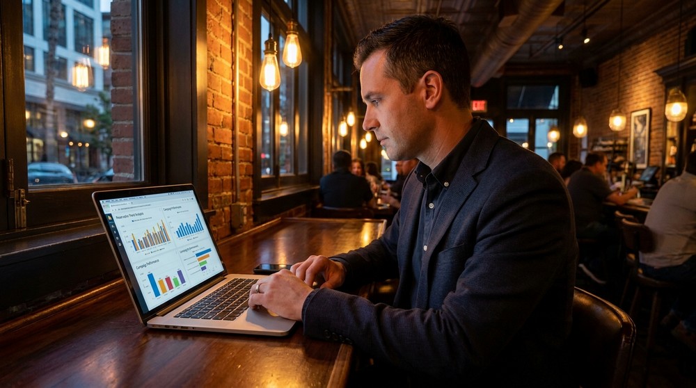 AI marketing analytics reviewed on laptop at a San Diego restaurant bar counter