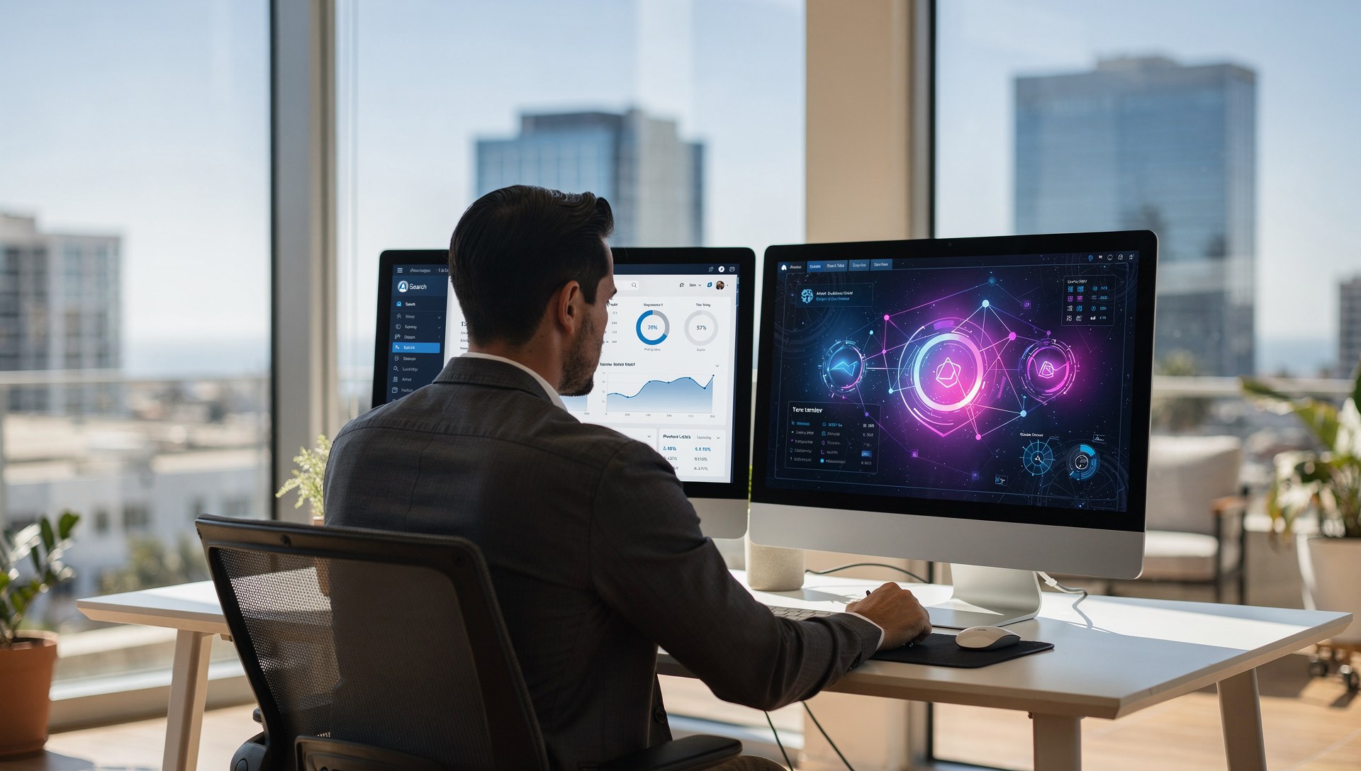 Strategist comparing AI-Enhanced SEO and traditional SEO on two screens in San Diego