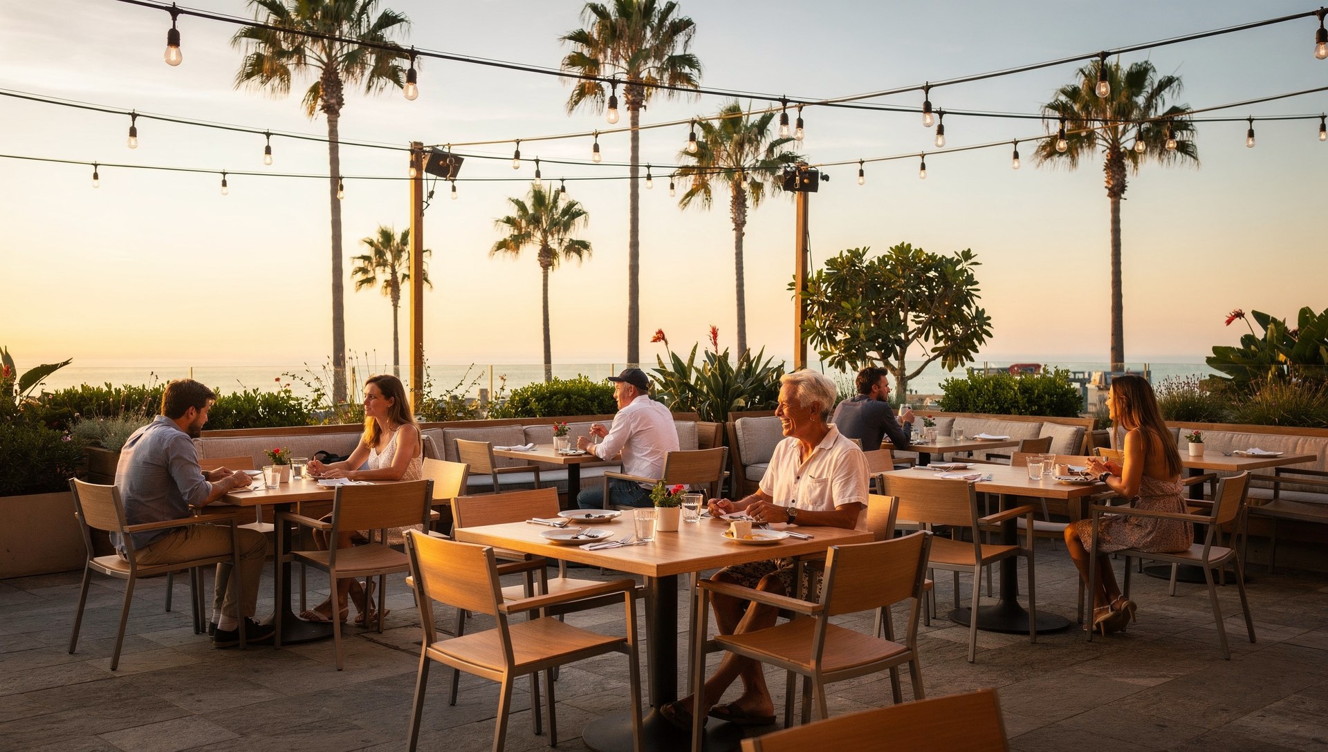 San Diego restaurant patio at dusk for end-of-summer hospitality marketing