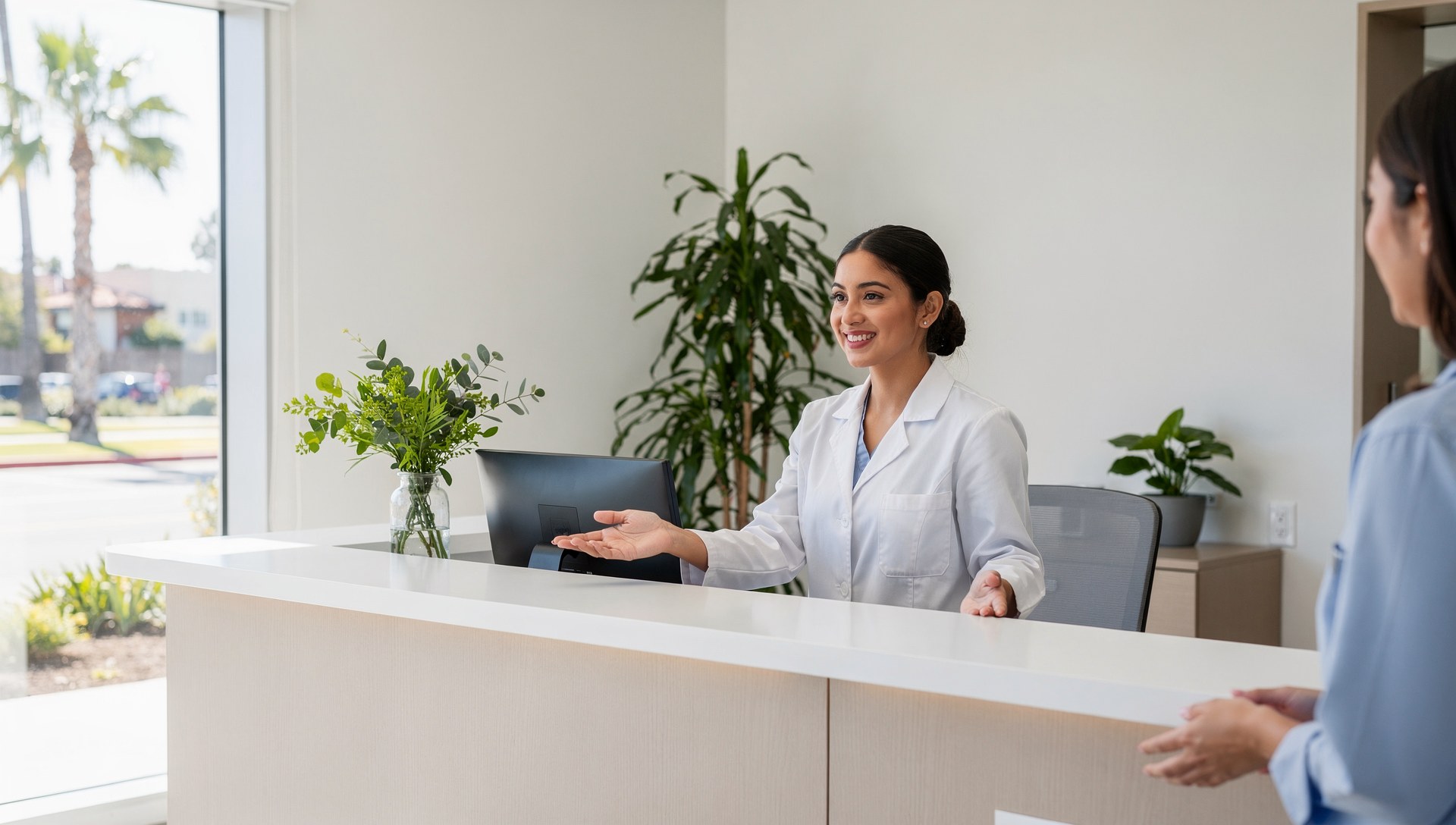 Dentist greeting a patient at a modern San Diego practice using healthcare marketing