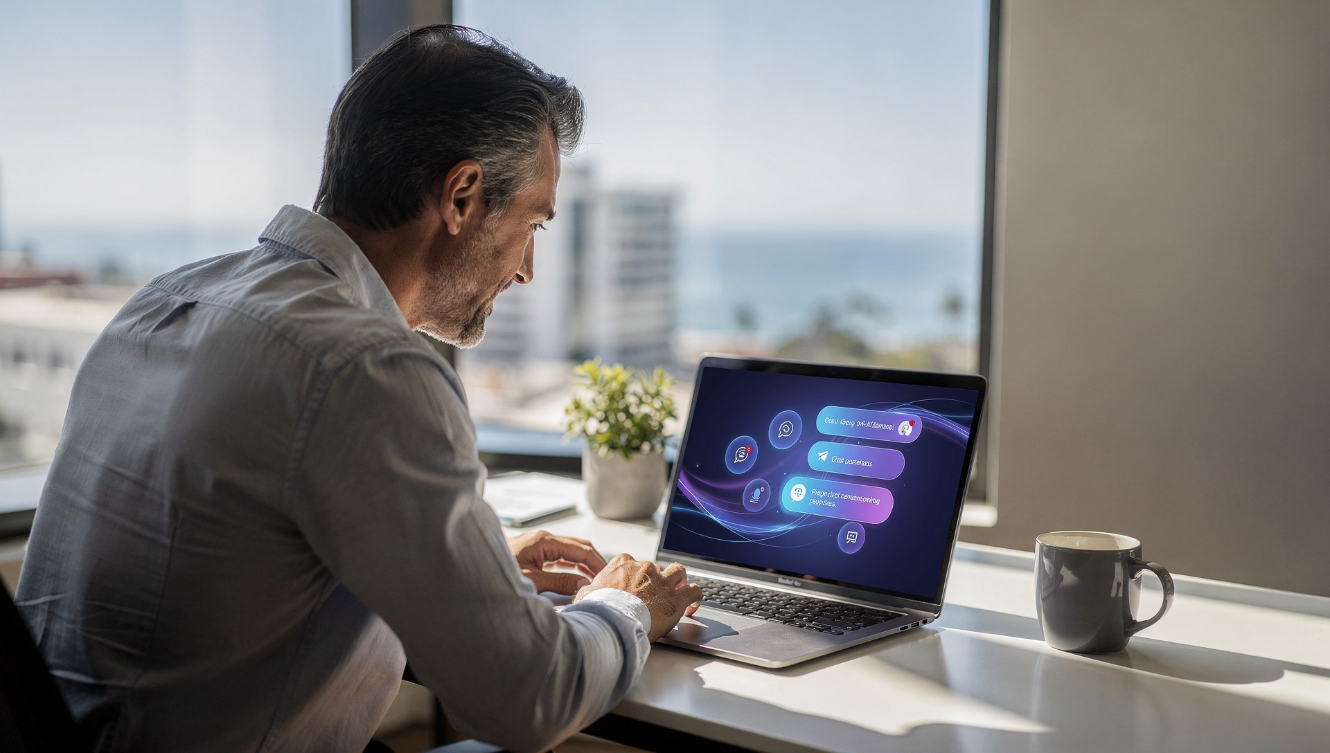 Business owner checking AI search visibility for a San Diego company on a laptop