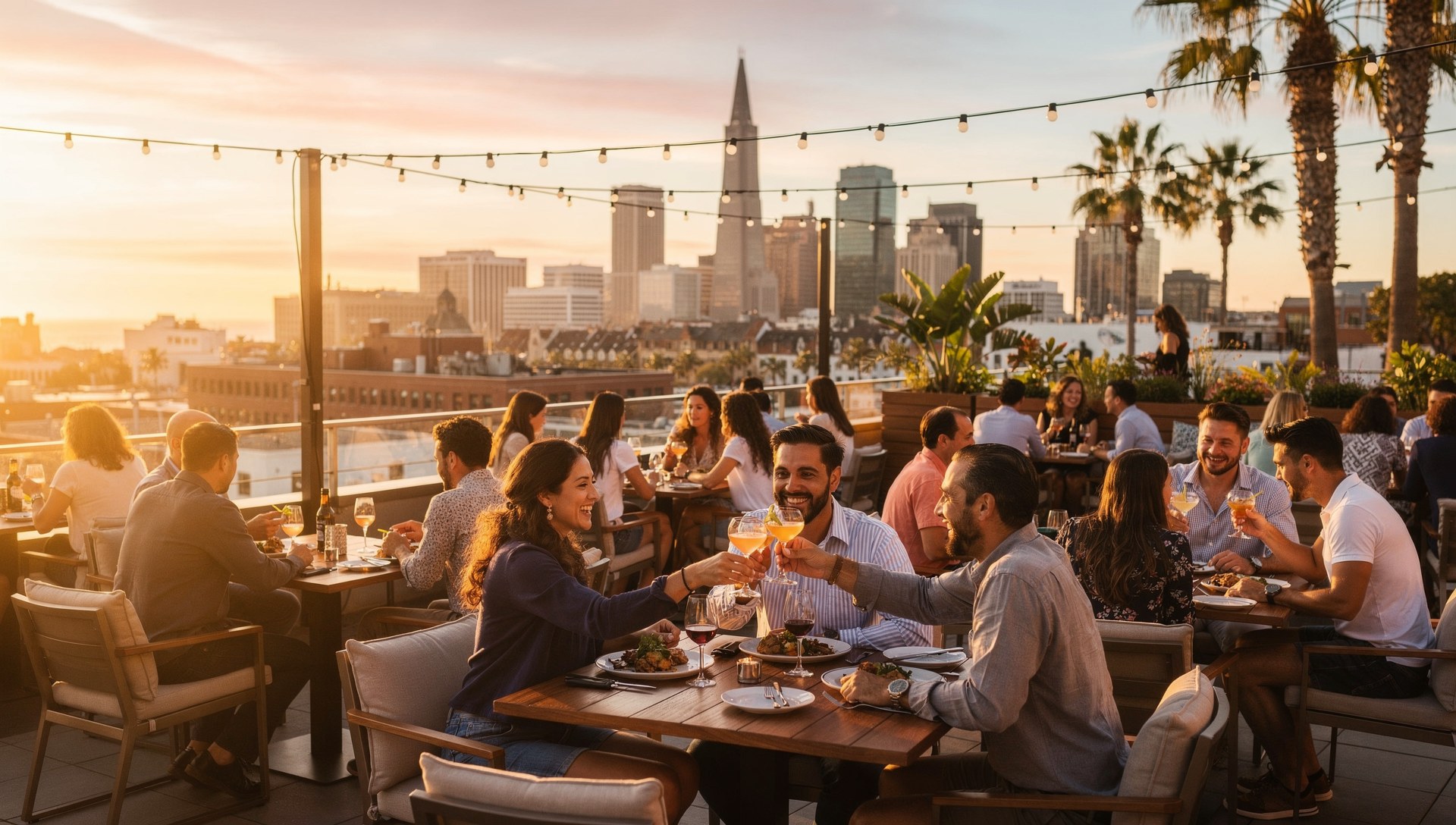 Busy San Diego rooftop patio during summer tourism season at golden hour
