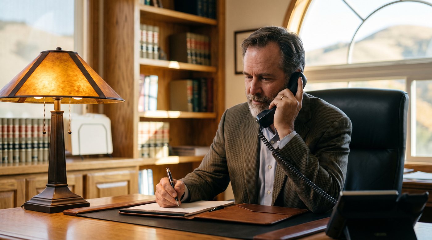 Attorney taking a client consultation call at his desk