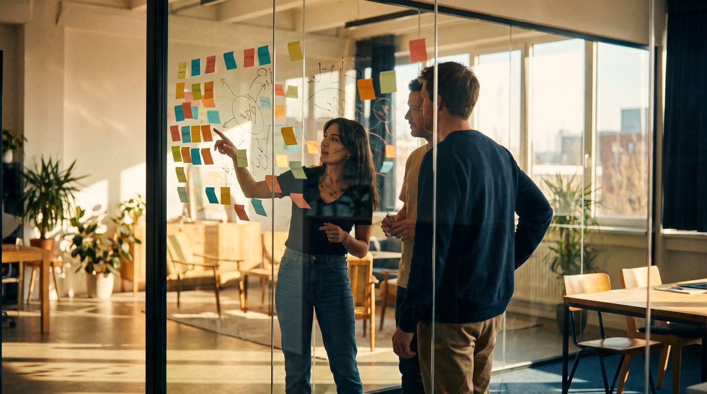 Product team mapping a demand generation process on a glass wall
