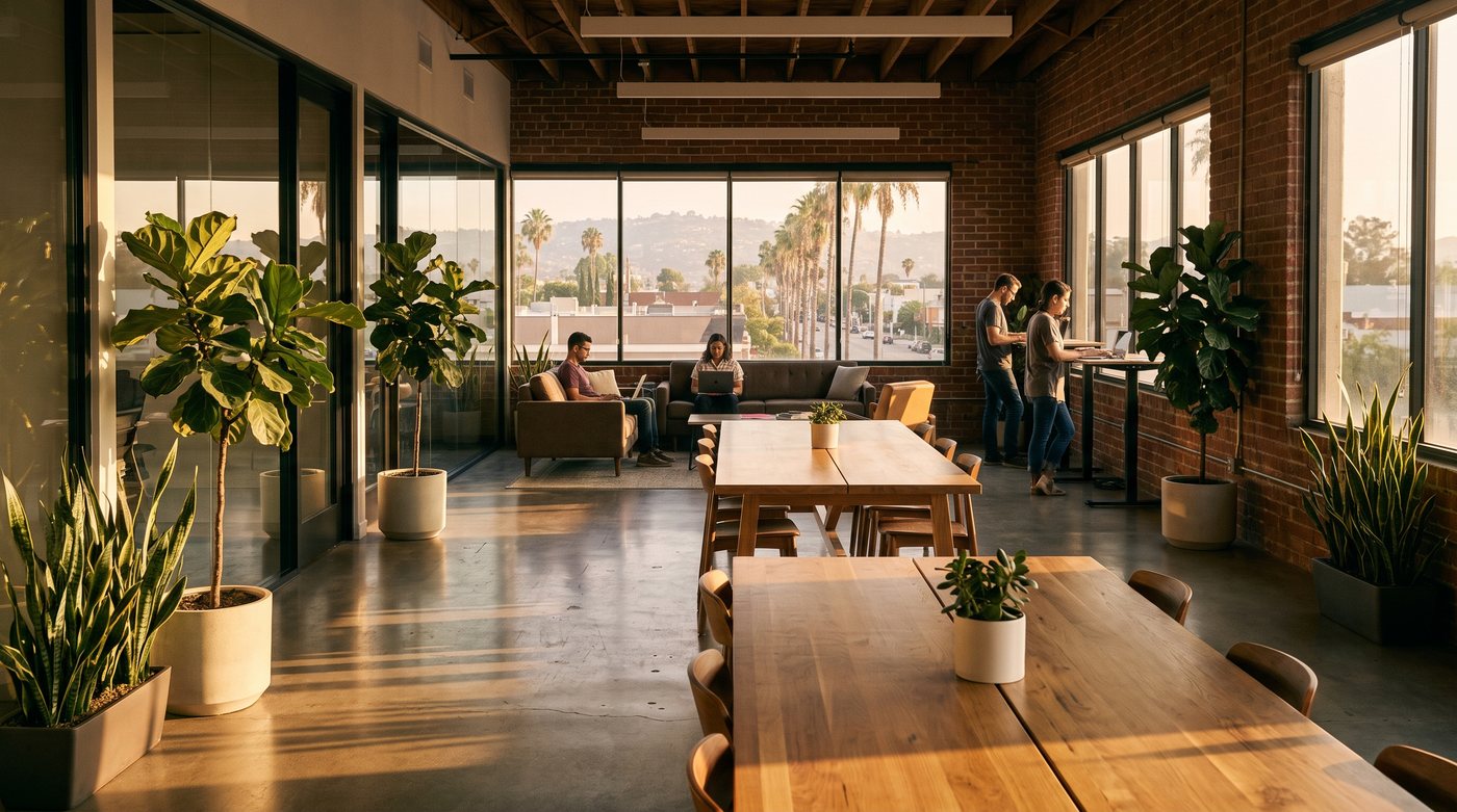 Open-plan San Diego technology office at golden hour