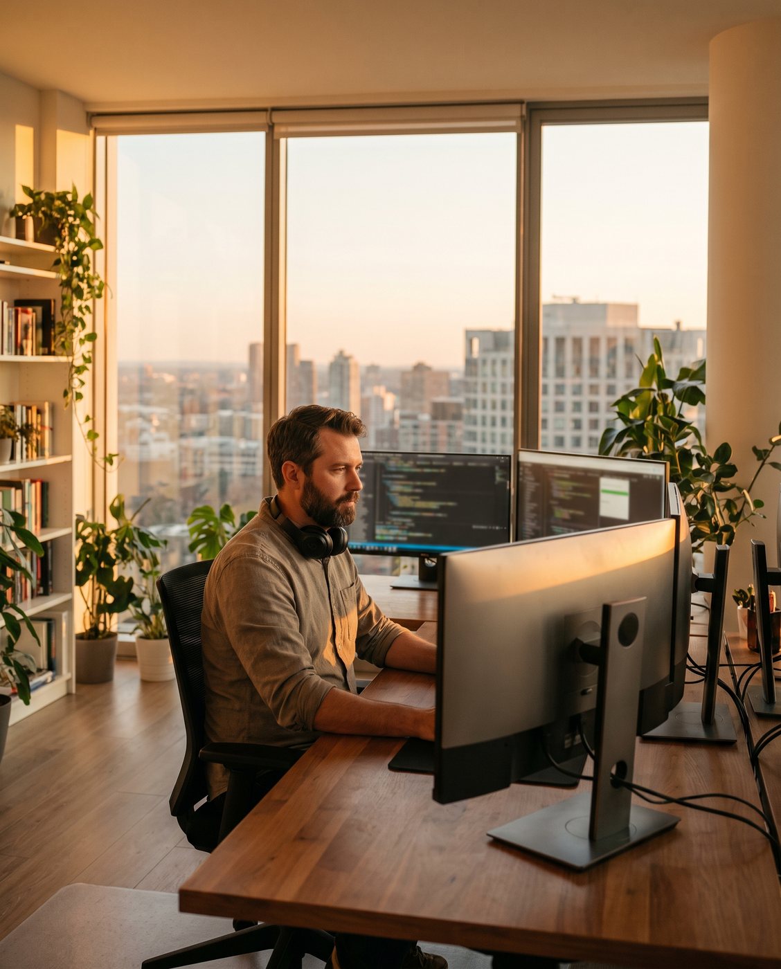 IT engineer working at a multi-monitor workstation in a modern office