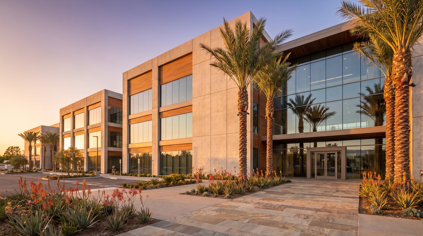 Completed modern commercial building exterior in Southern California