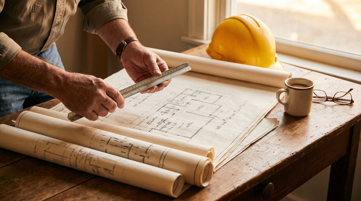 Hands with a scale ruler over rolled architectural drawings