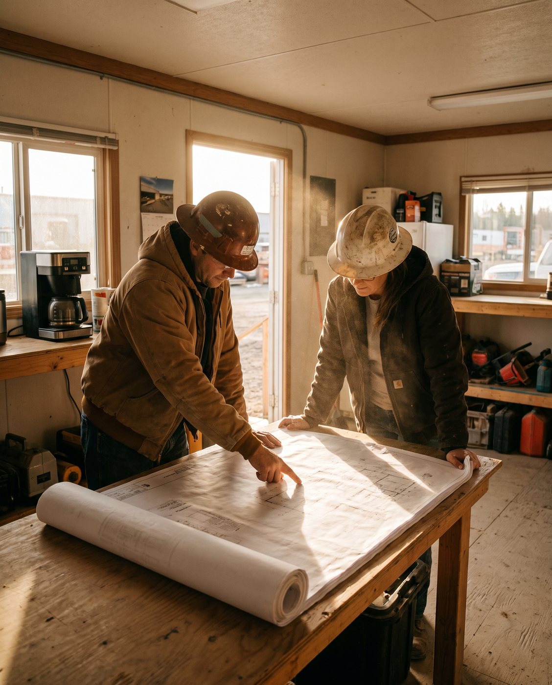 Two contractors reviewing blueprints in a construction site trailer
