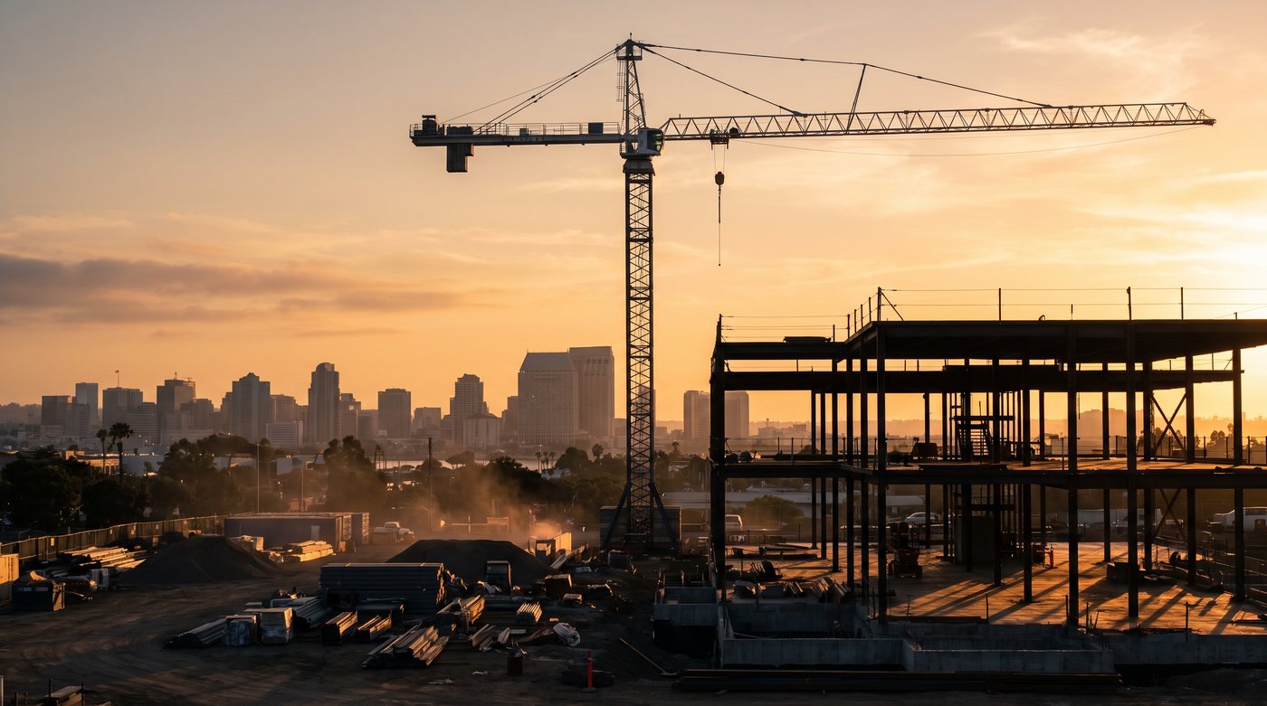Commercial construction site with a tower crane at golden hour