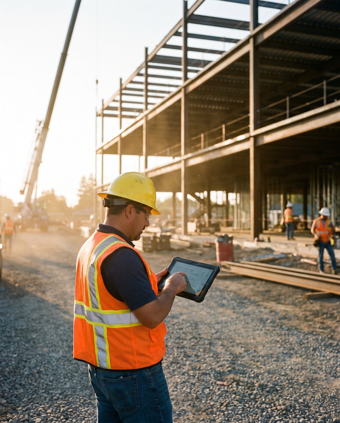 Site superintendent reviewing plans on a tablet at a commercial build