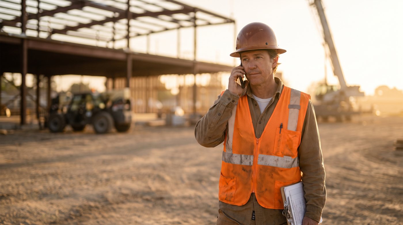Construction project manager taking a call on a job site