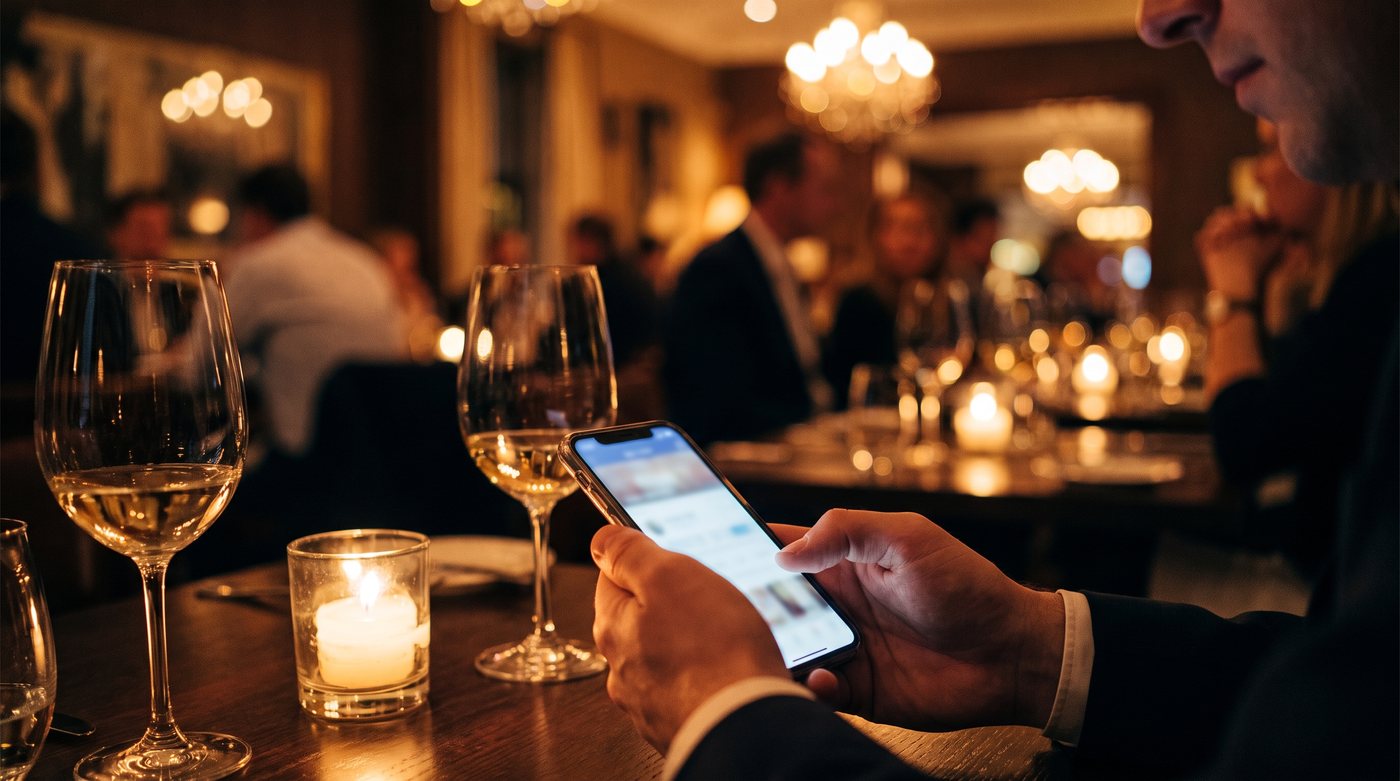 Guest booking a restaurant table on a smartphone at a candlelit table