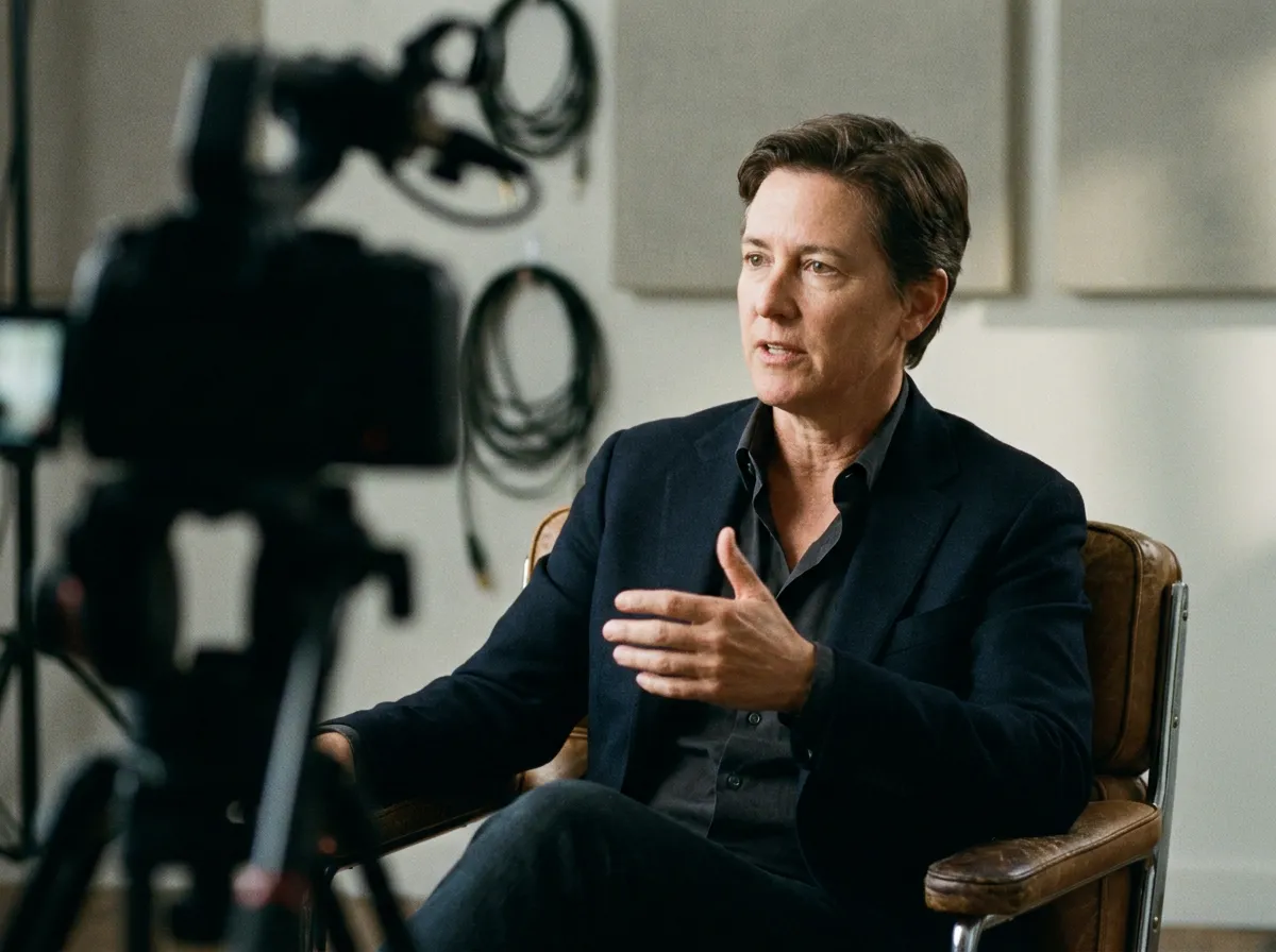 Executive being filmed for a thought leadership interview in a dark San Diego studio