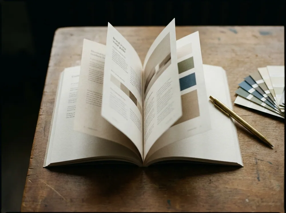 Brand voice and messaging guide open on a desk