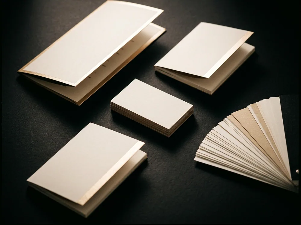Printed collateral and paper stock samples on a dark studio table
