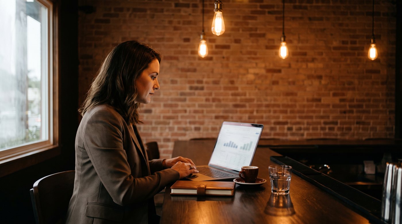 Marketing strategist reviewing hospitality campaign performance at a restaurant bar