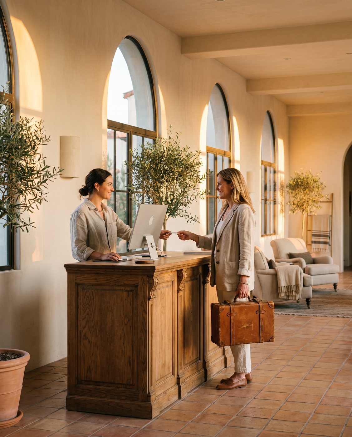 Hotel guest checking in at a boutique property front desk at golden hour