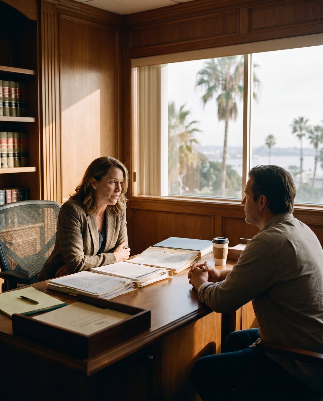 Attorney meeting a client across a desk in a warm San Diego law office