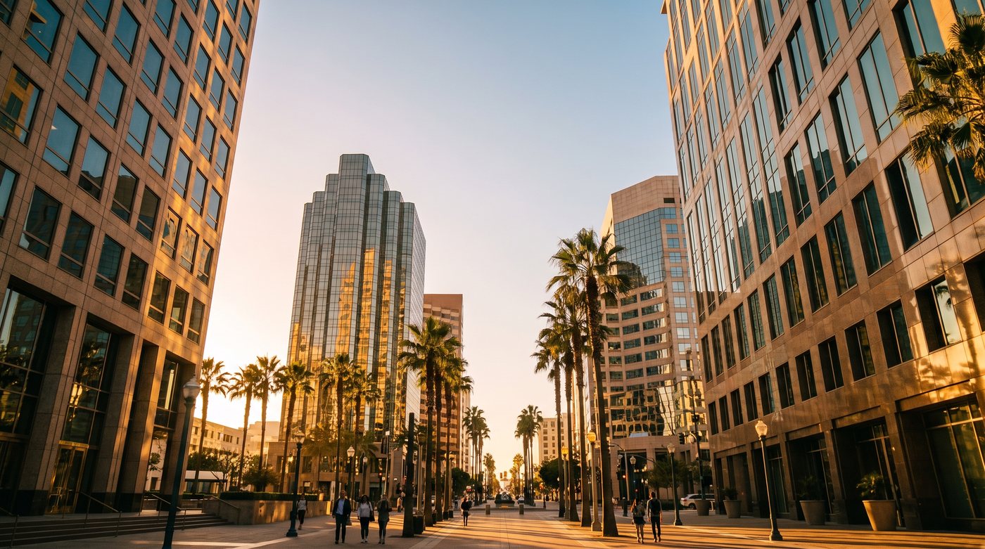 Downtown San Diego office towers at golden hour in the legal district