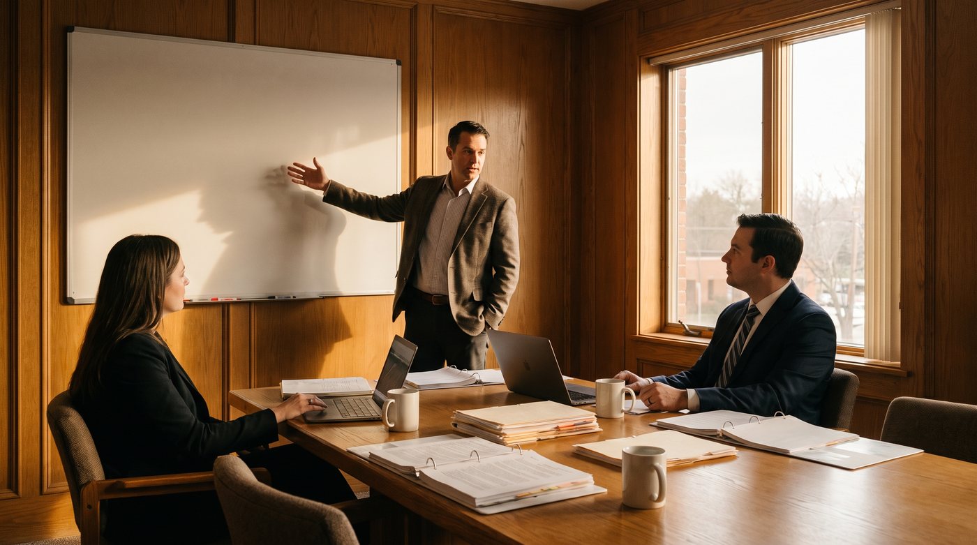 Small legal team working through case strategy in a conference room