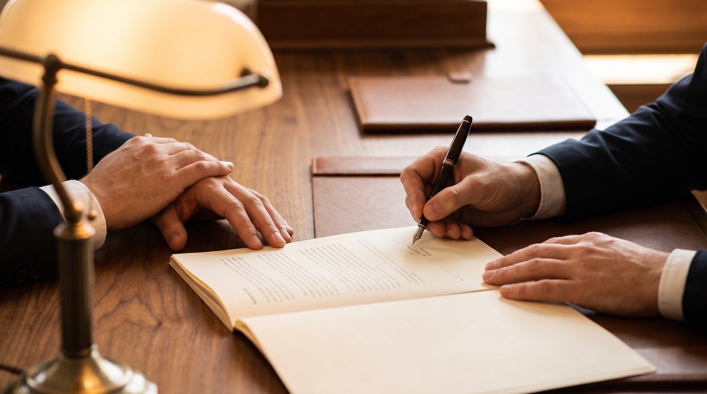 Client signing a legal agreement with a fountain pen on a walnut desk