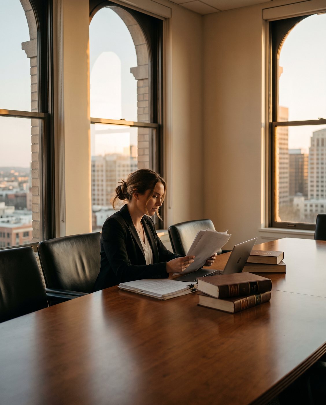Associate attorney reviewing case documents at a conference table