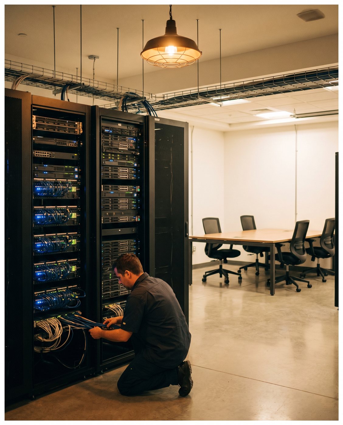 Technician checking equipment in a managed IT network operations room