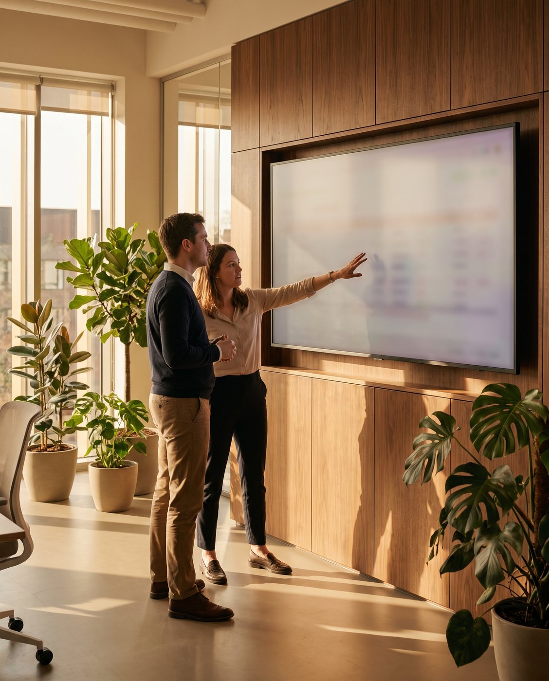 Two colleagues reviewing a performance dashboard on a wall display