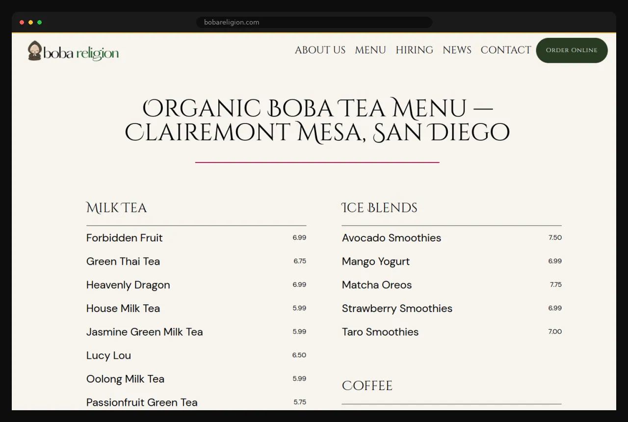 Boba Religion online menu, a multi-location WordPress build by Formula Marketing