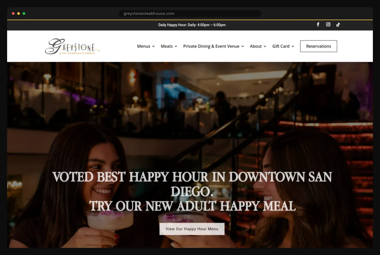 Greystone Steakhouse homepage, a San Diego fine dining website designed by Formula Marketing