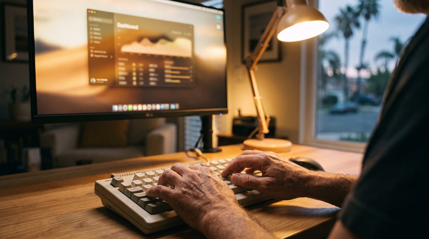 Hands on a keyboard with an analytics dashboard glowing above