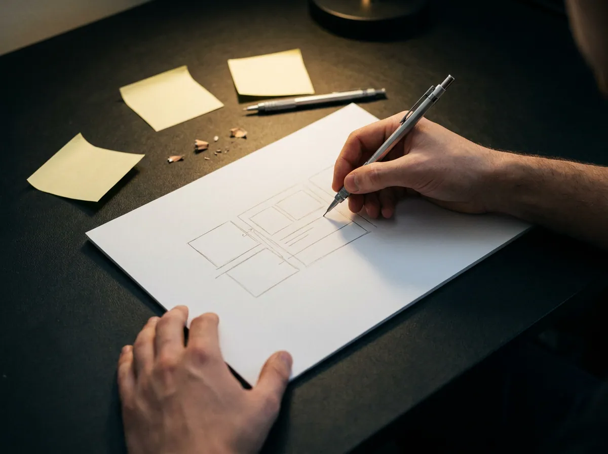 Hand sketching a website wireframe during information architecture planning for a San Diego web design project