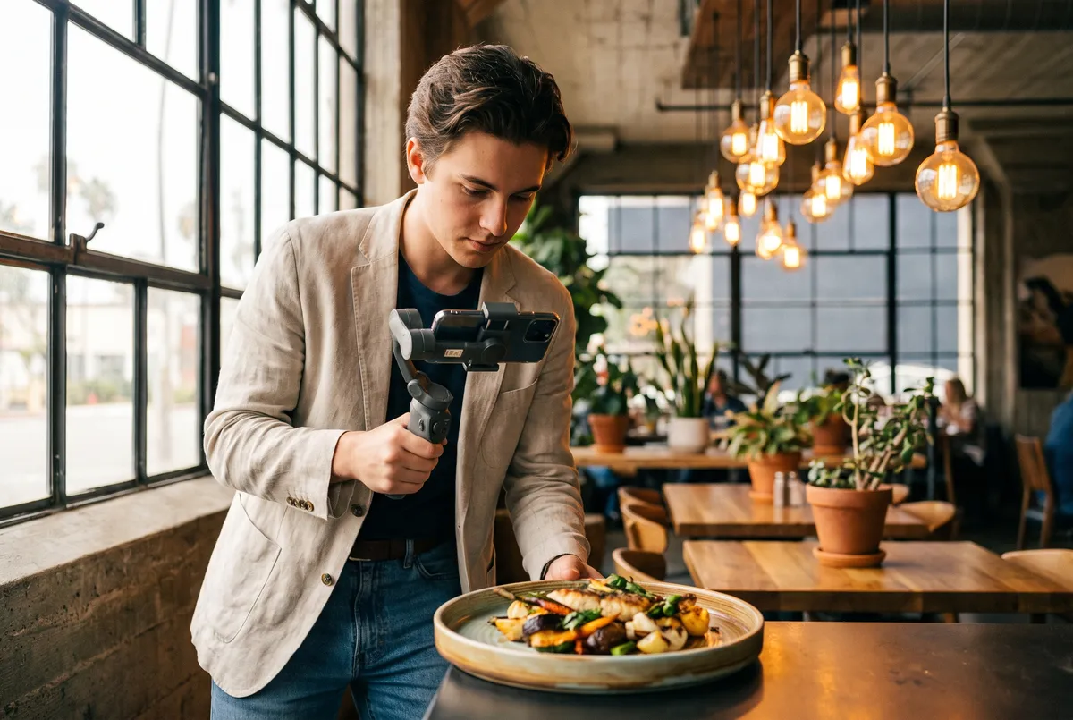 Content creator filming a social media video of a plated dish in a San Diego restaurant