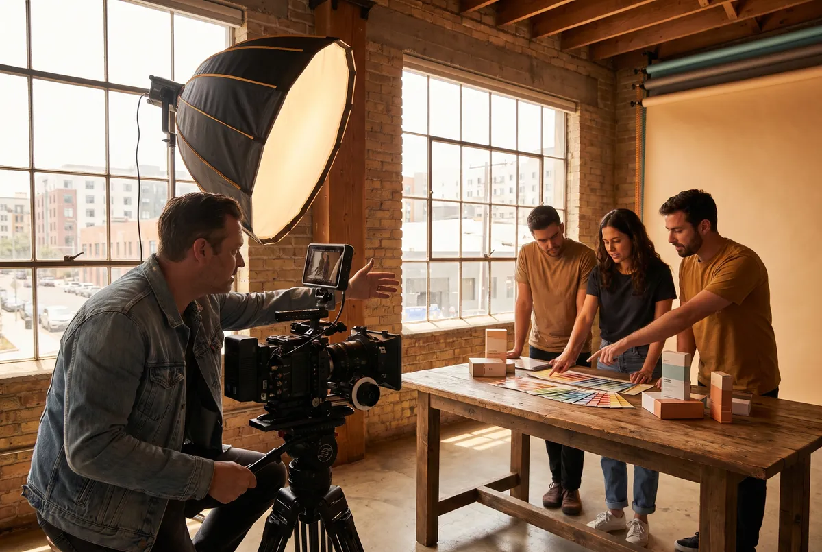 Brand video production shoot with cinema camera and creative team in a San Diego studio