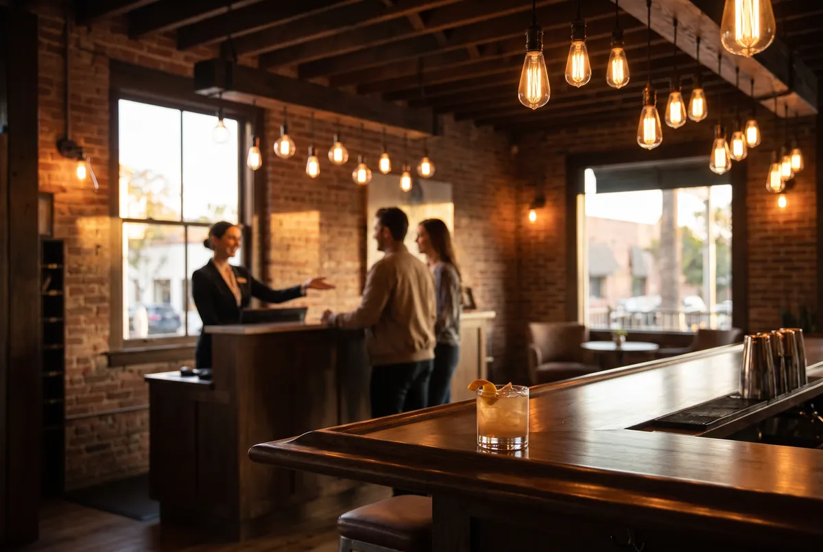 Boutique hotel lobby bar in San Diego with host welcoming guests at golden hour