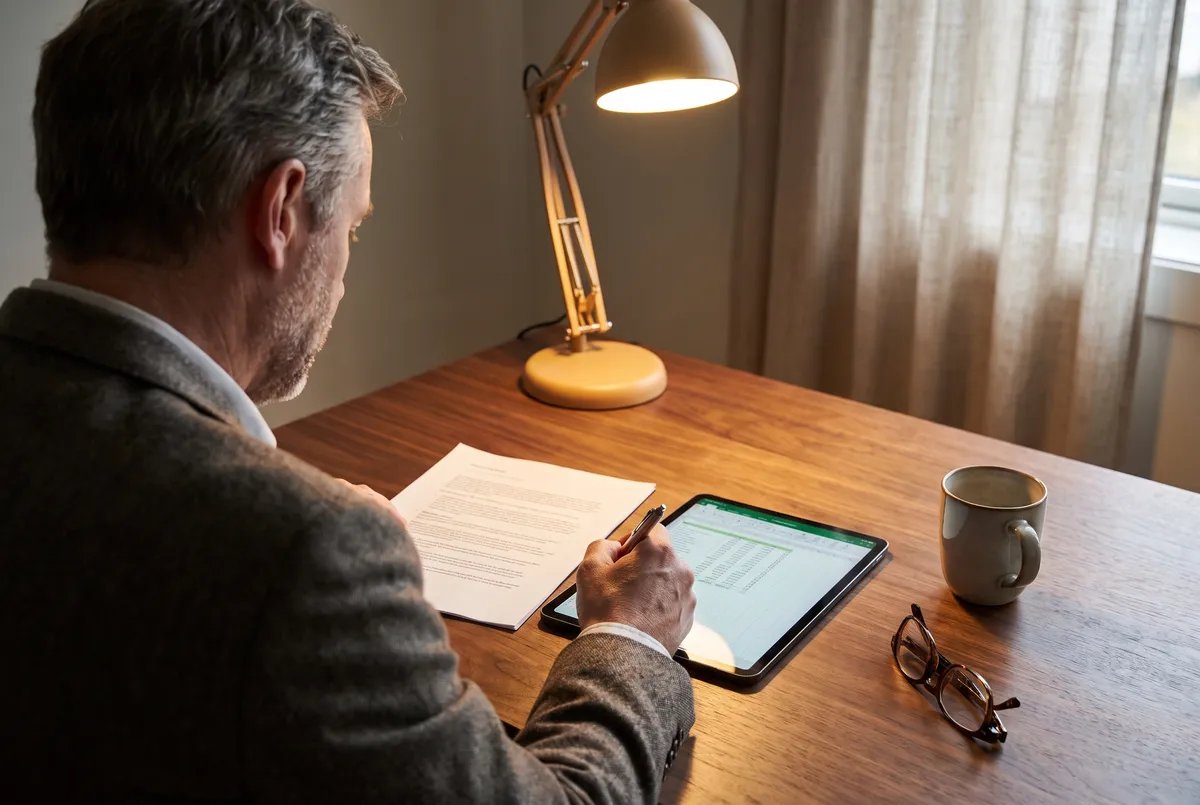 Business owner reviewing a digital marketing proposal and budget at a desk