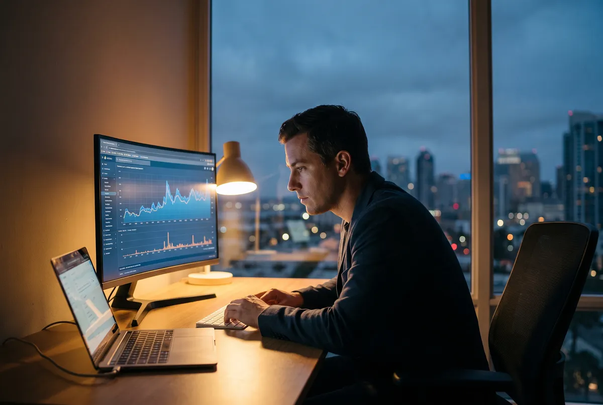 SEO specialist analyzing Google search rankings on a monitor in a San Diego office