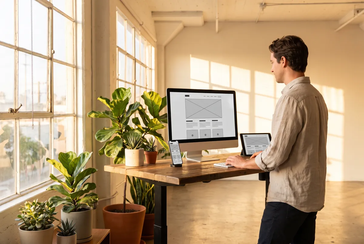 Web designer building a responsive website layout for desktop, tablet and mobile